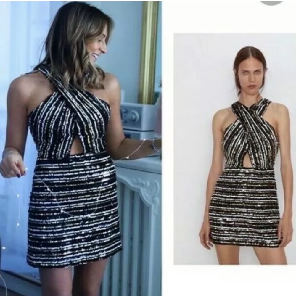 Zara SEQUIN WRAP MINI DRESS BLACK/WHITE/GOLD SIZE S NEW